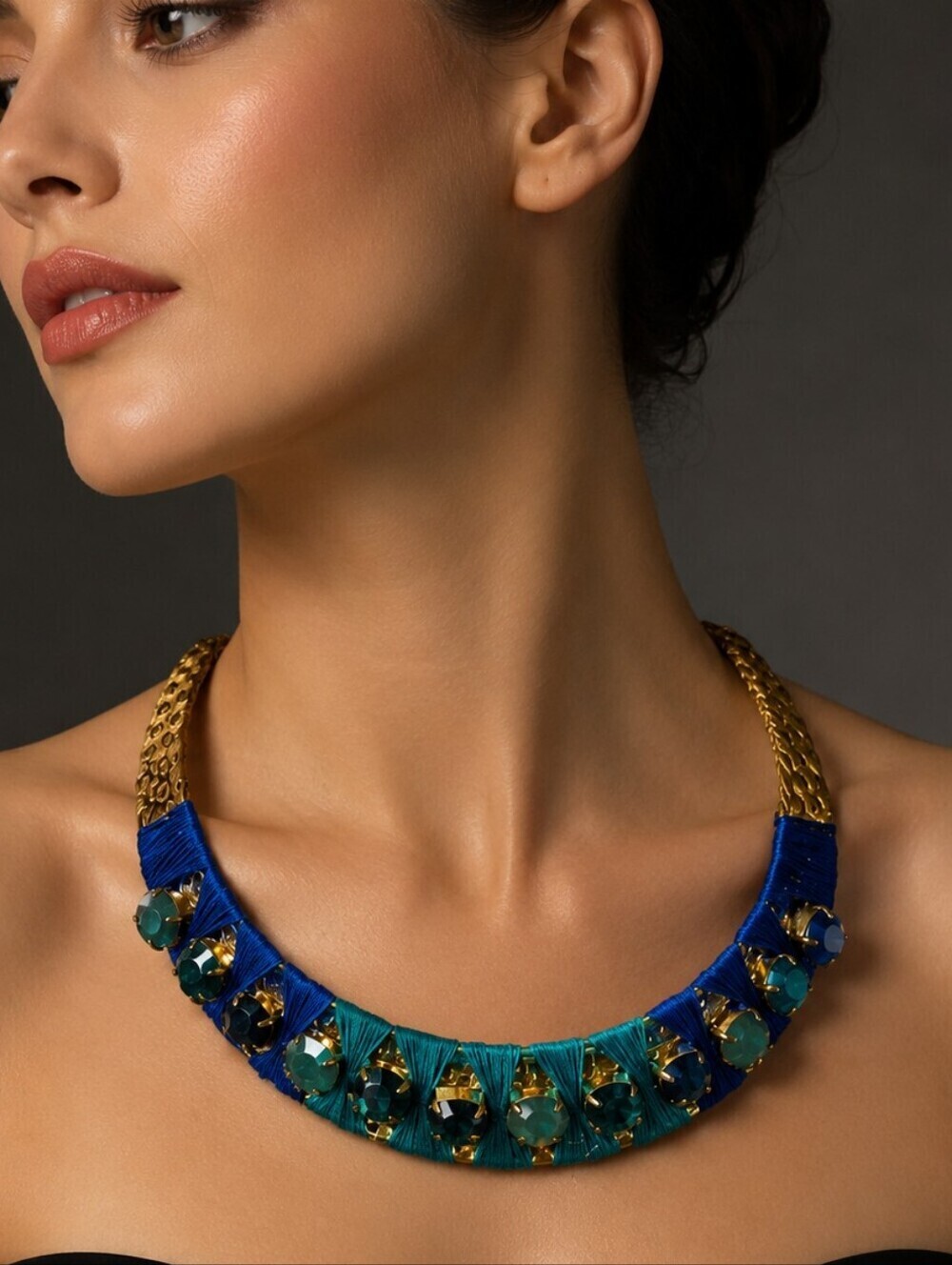BRASS Thread Wrapped Rhinestone Cleopatra Baddie Bib Collar Necklace